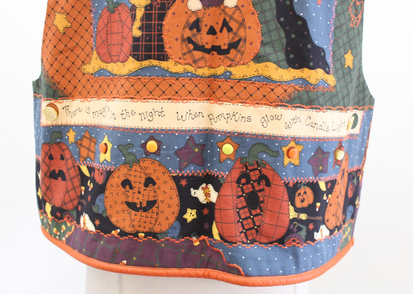 Vtg Handmade Patchwork Embroidered Halloween Vest One Size S M L Ghost Pumpkin