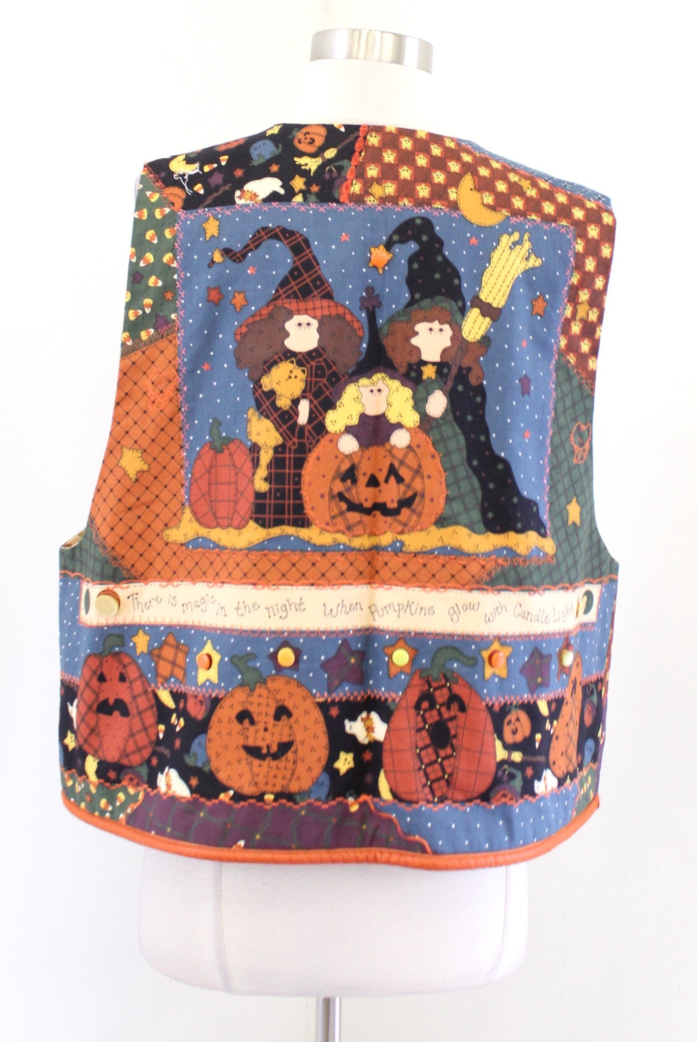 Vtg Handmade Patchwork Embroidered Halloween Vest One Size S M L Ghost Pumpkin