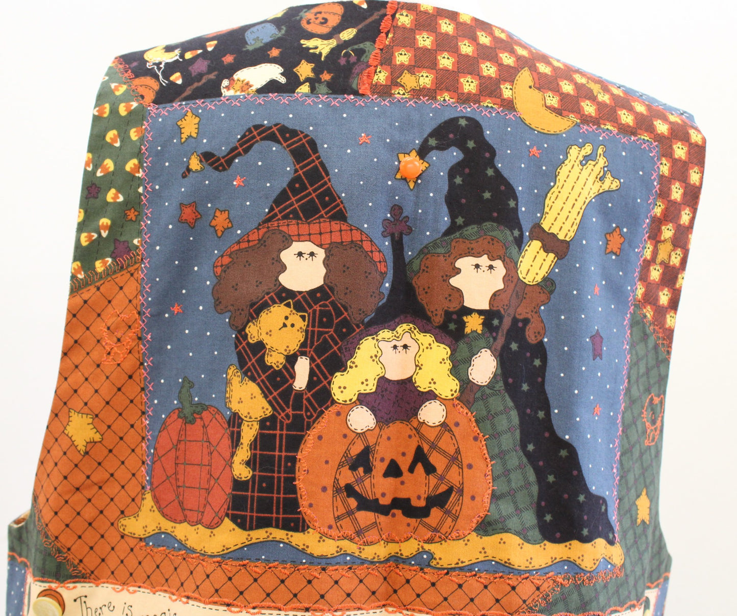 Vtg Handmade Patchwork Embroidered Halloween Vest One Size S M L Ghost Pumpkin