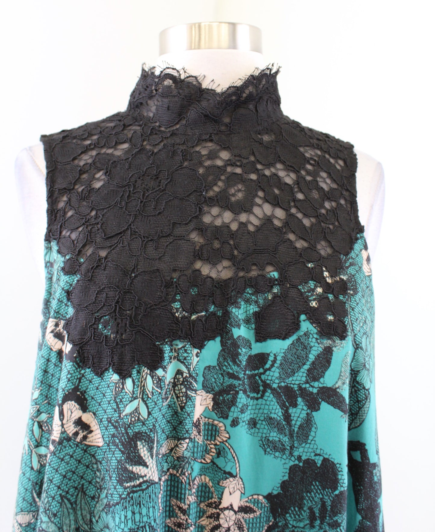 Maeve Anthropologie Green Black Lace Mock Neck Butterfly Silk Swing Dress Size S