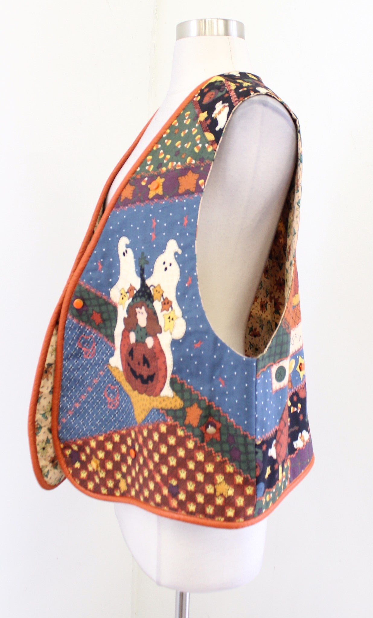 Vtg Handmade Patchwork Embroidered Halloween Vest One Size S M L Ghost Pumpkin