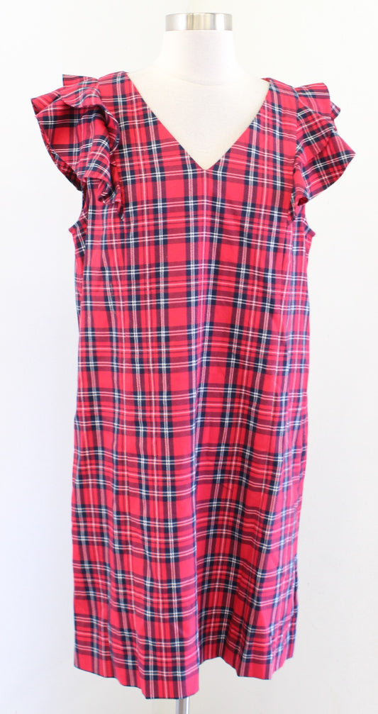 Draper James Womens Angie Plaid Ruffle V Neck Shift Dress Sz 12 Red Blue Flutter