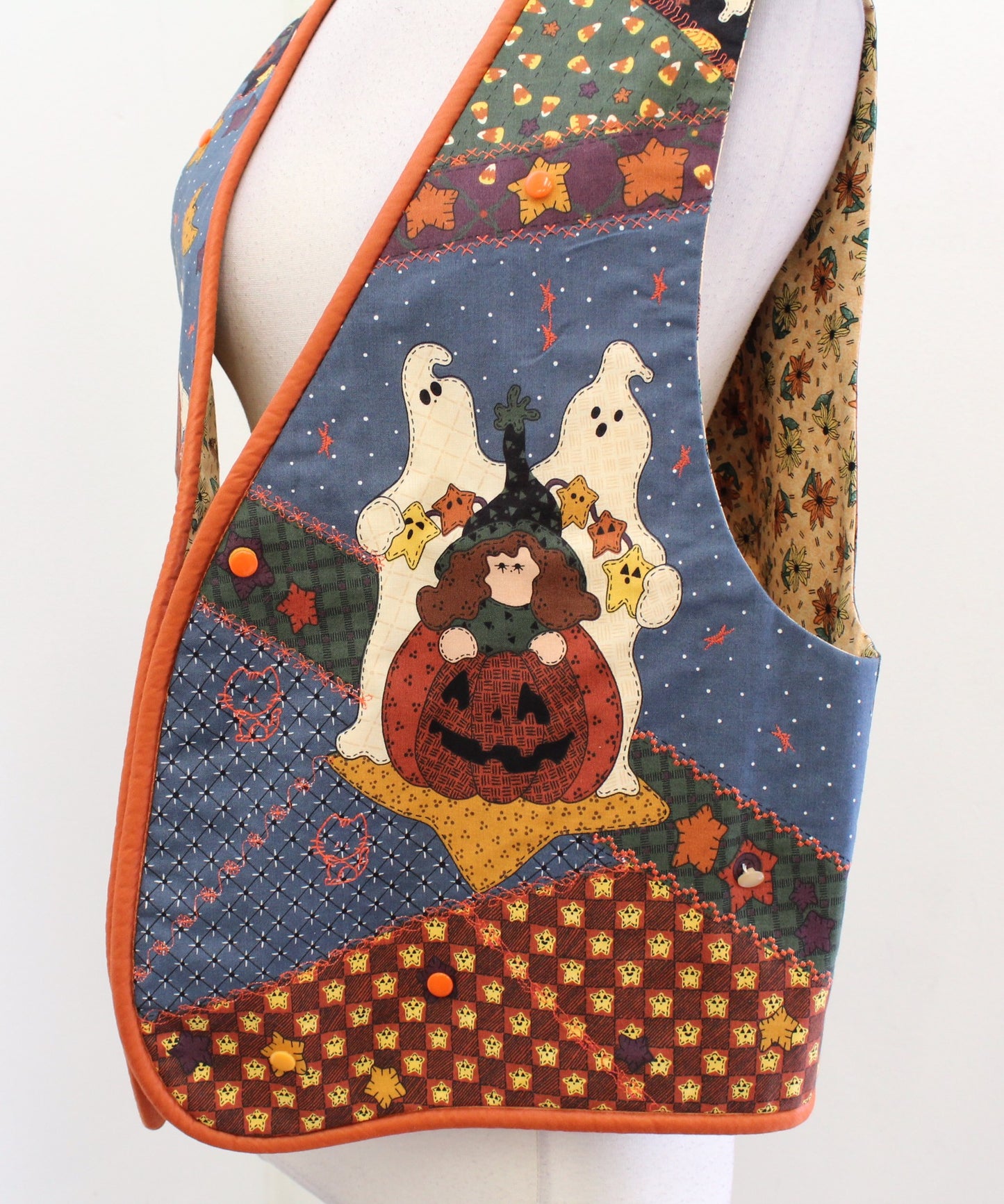 Vtg Handmade Patchwork Embroidered Halloween Vest One Size S M L Ghost Pumpkin