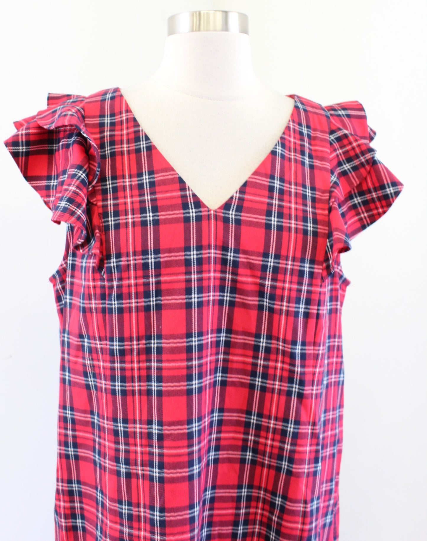 Draper James Womens Angie Plaid Ruffle V Neck Shift Dress Sz 12 Red Blue Flutter