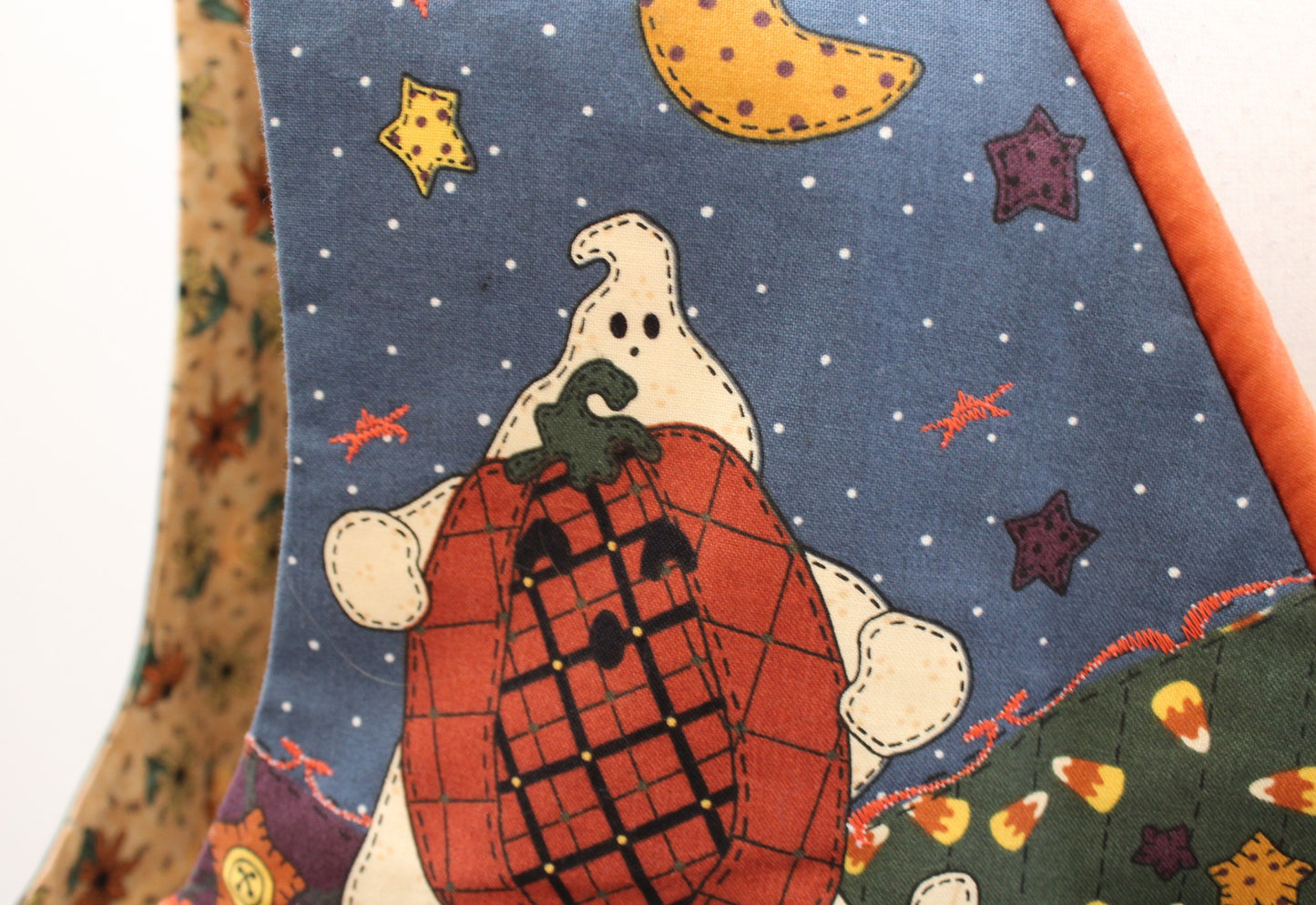 Vtg Handmade Patchwork Embroidered Halloween Vest One Size S M L Ghost Pumpkin