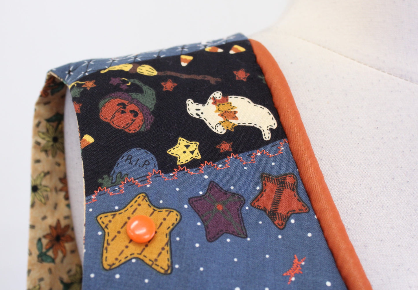 Vtg Handmade Patchwork Embroidered Halloween Vest One Size S M L Ghost Pumpkin