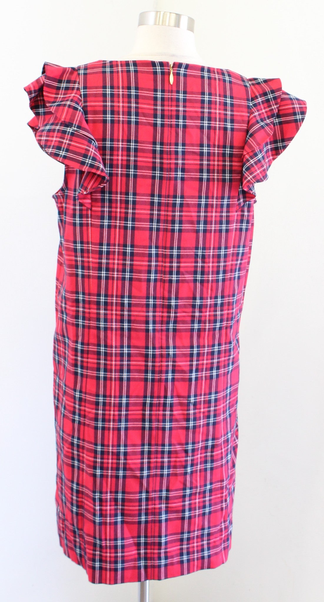 Draper James Womens Angie Plaid Ruffle V Neck Shift Dress Sz 12 Red Blue Flutter