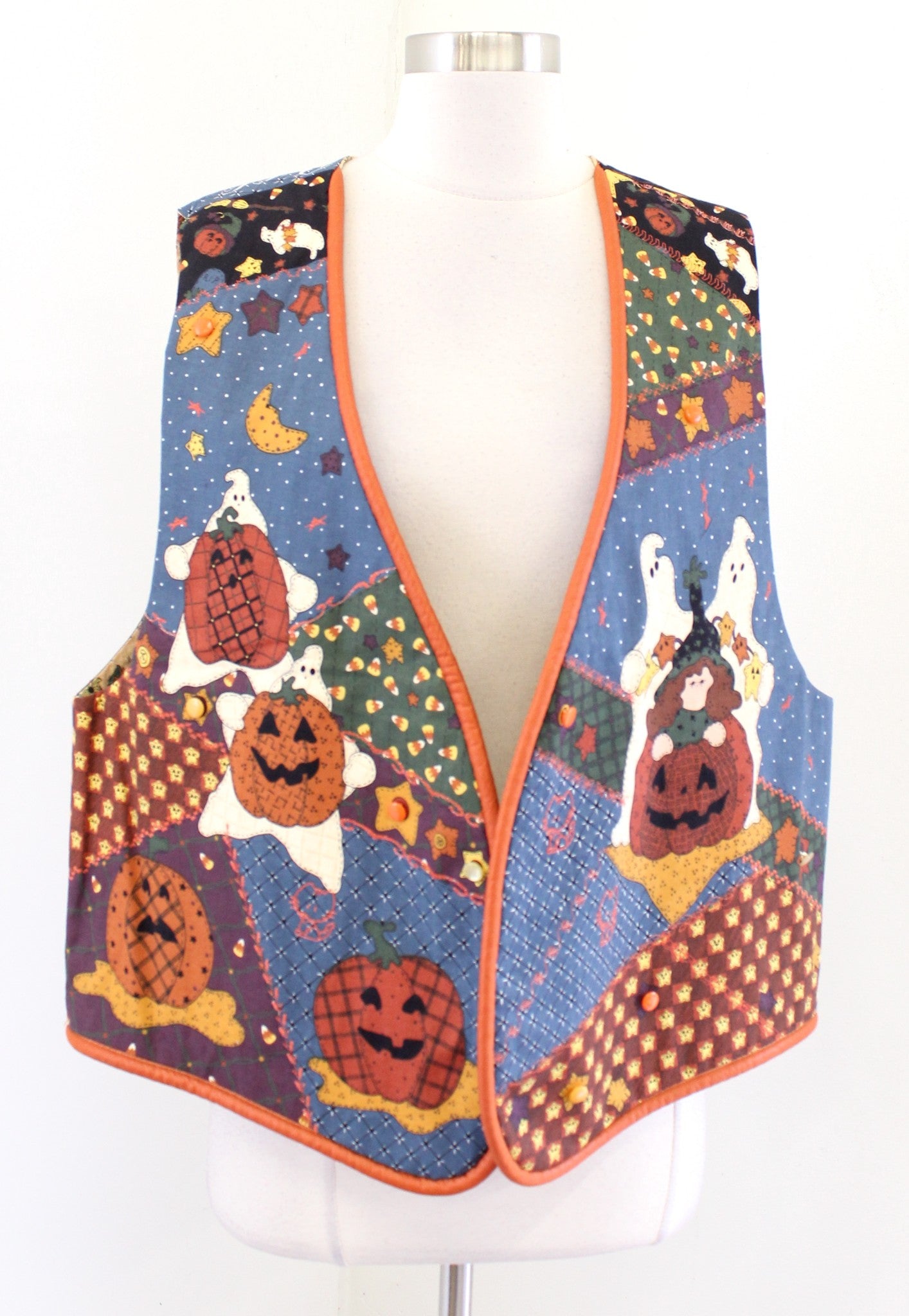 Vtg Handmade Patchwork Embroidered Halloween Vest One Size S M L Ghost Pumpkin