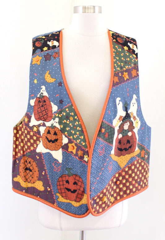 Vtg Handmade Patchwork Embroidered Halloween Vest One Size S M L Ghost Pumpkin