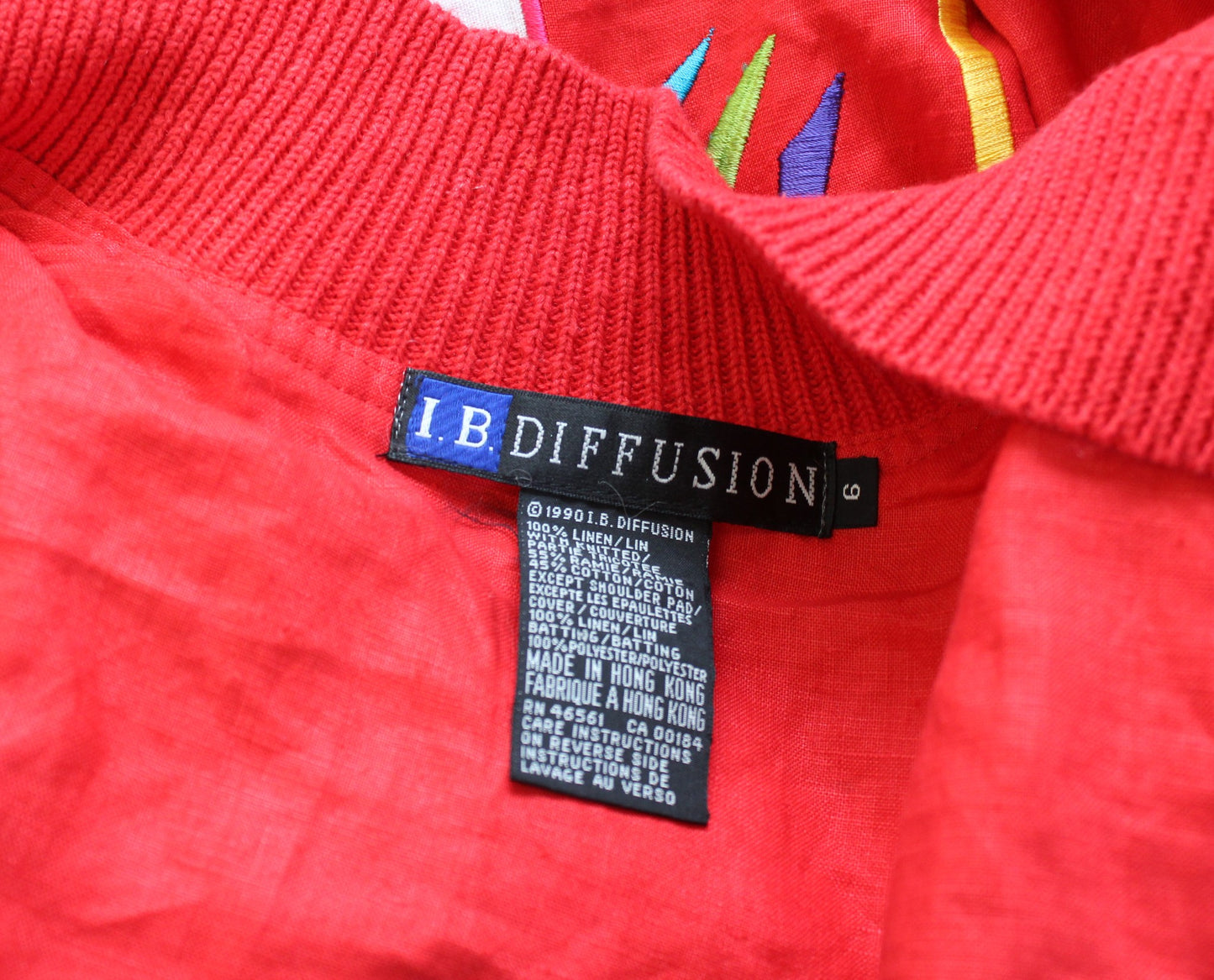 Vtg 90s Red Linen Embroidered Geometric Floral Linen Jacket Size 6 Bomber Retro