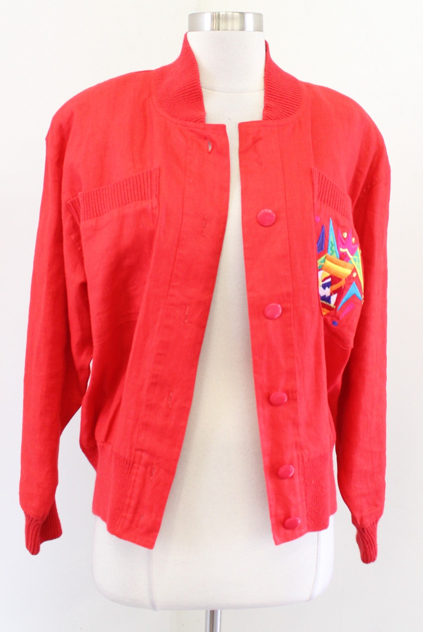 Vtg 90s Red Linen Embroidered Geometric Floral Linen Jacket Size 6 Bomber Retro
