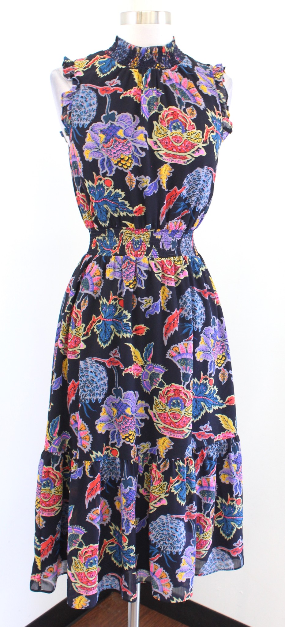 J Crew Colorful Floral Paisley Print Mock Neck Smocked Midi Dress Size XXS 2XS