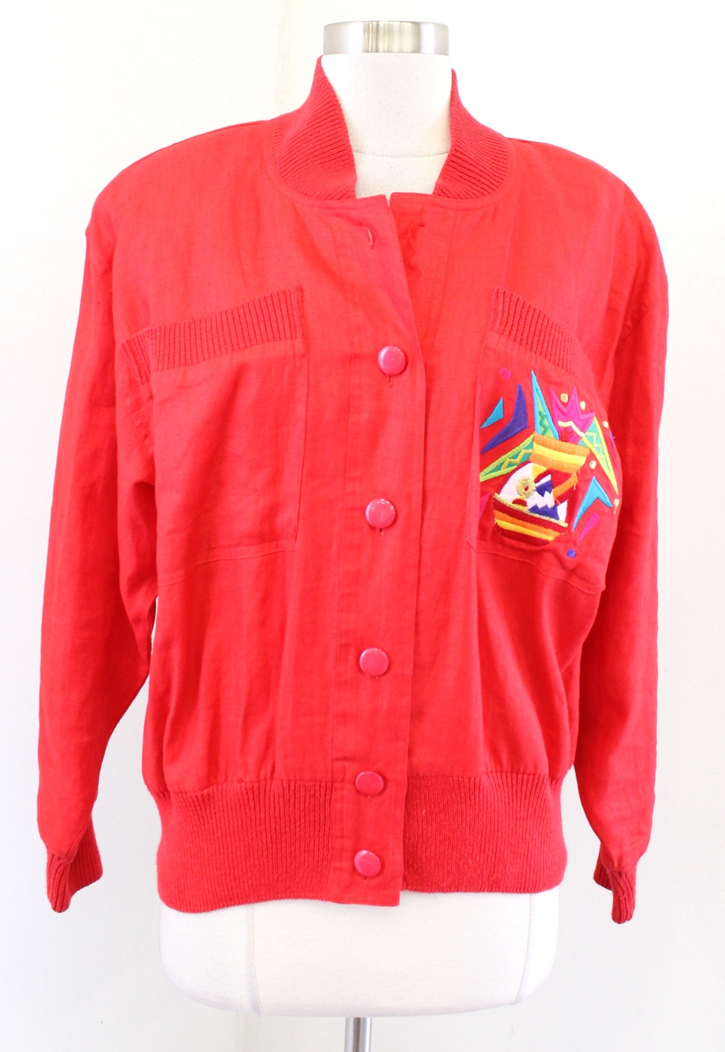 Vtg 90s Red Linen Embroidered Geometric Floral Linen Jacket Size 6 Bomber Retro