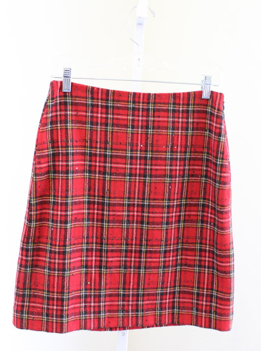 NWT Talbots Red Dazzling Tartan Plaid Sequin Wool Blend Skirt Sz 2 A Line Pencil