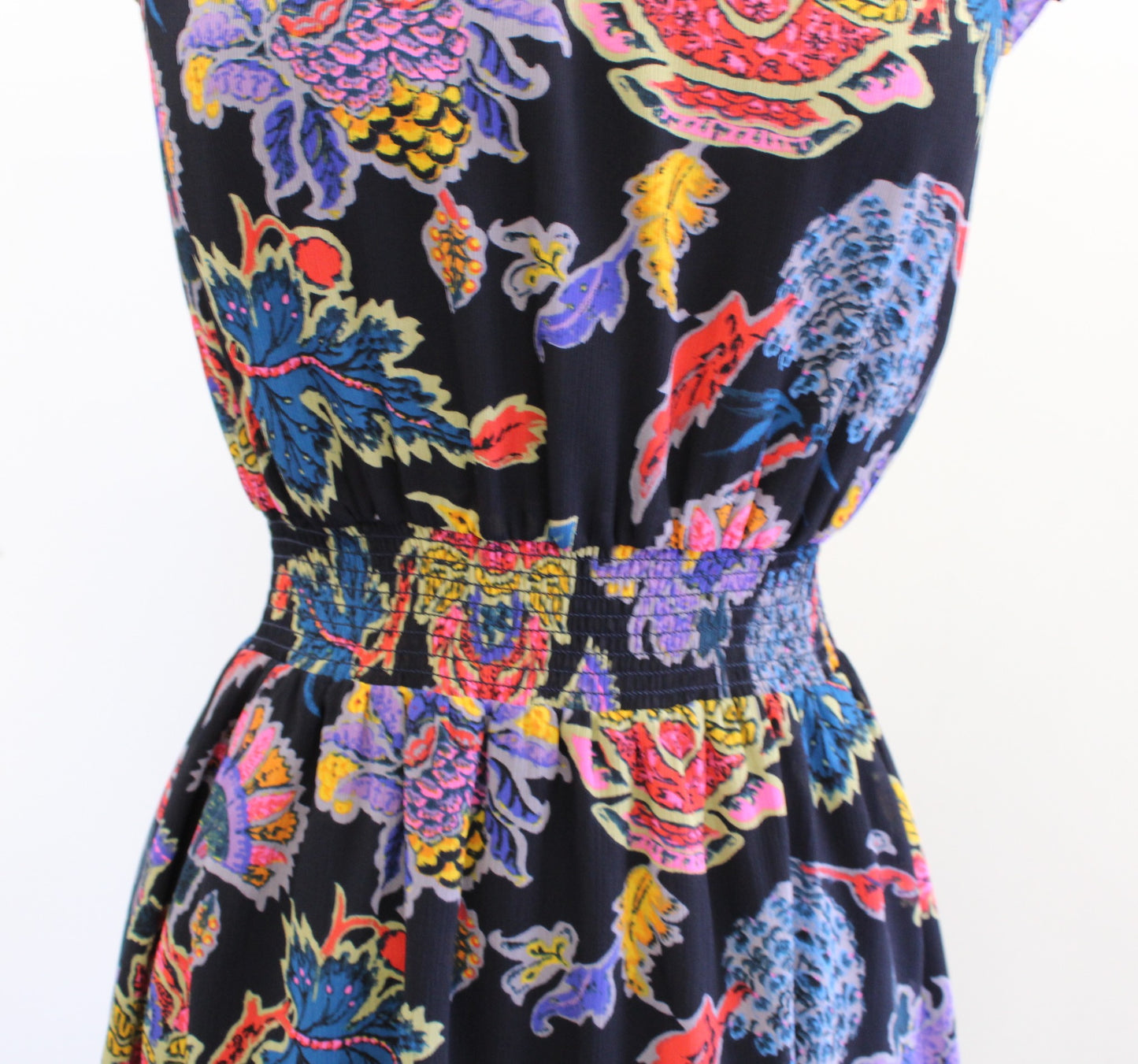 J Crew Colorful Floral Paisley Print Mock Neck Smocked Midi Dress Size XXS 2XS