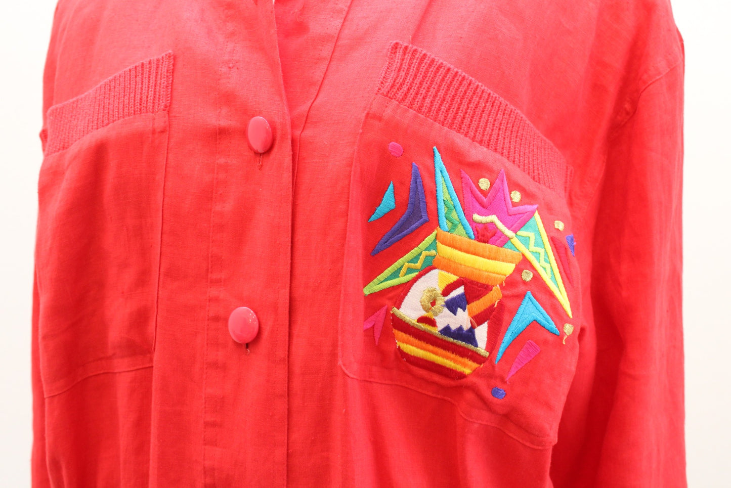 Vtg 90s Red Linen Embroidered Geometric Floral Linen Jacket Size 6 Bomber Retro