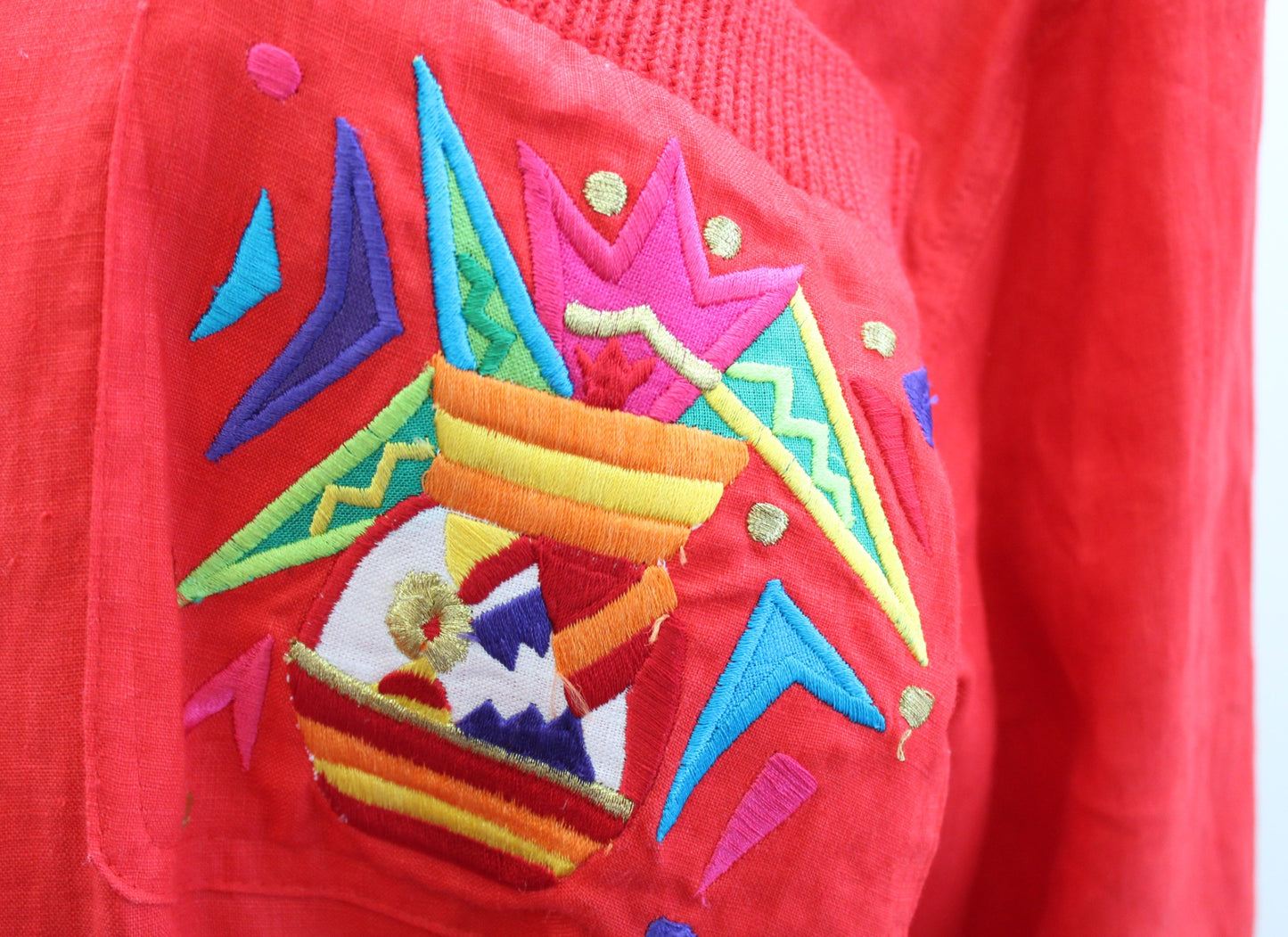 Vtg 90s Red Linen Embroidered Geometric Floral Linen Jacket Size 6 Bomber Retro