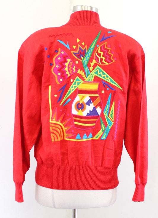 Vtg 90s Red Linen Embroidered Geometric Floral Linen Jacket Size 6 Bomber Retro