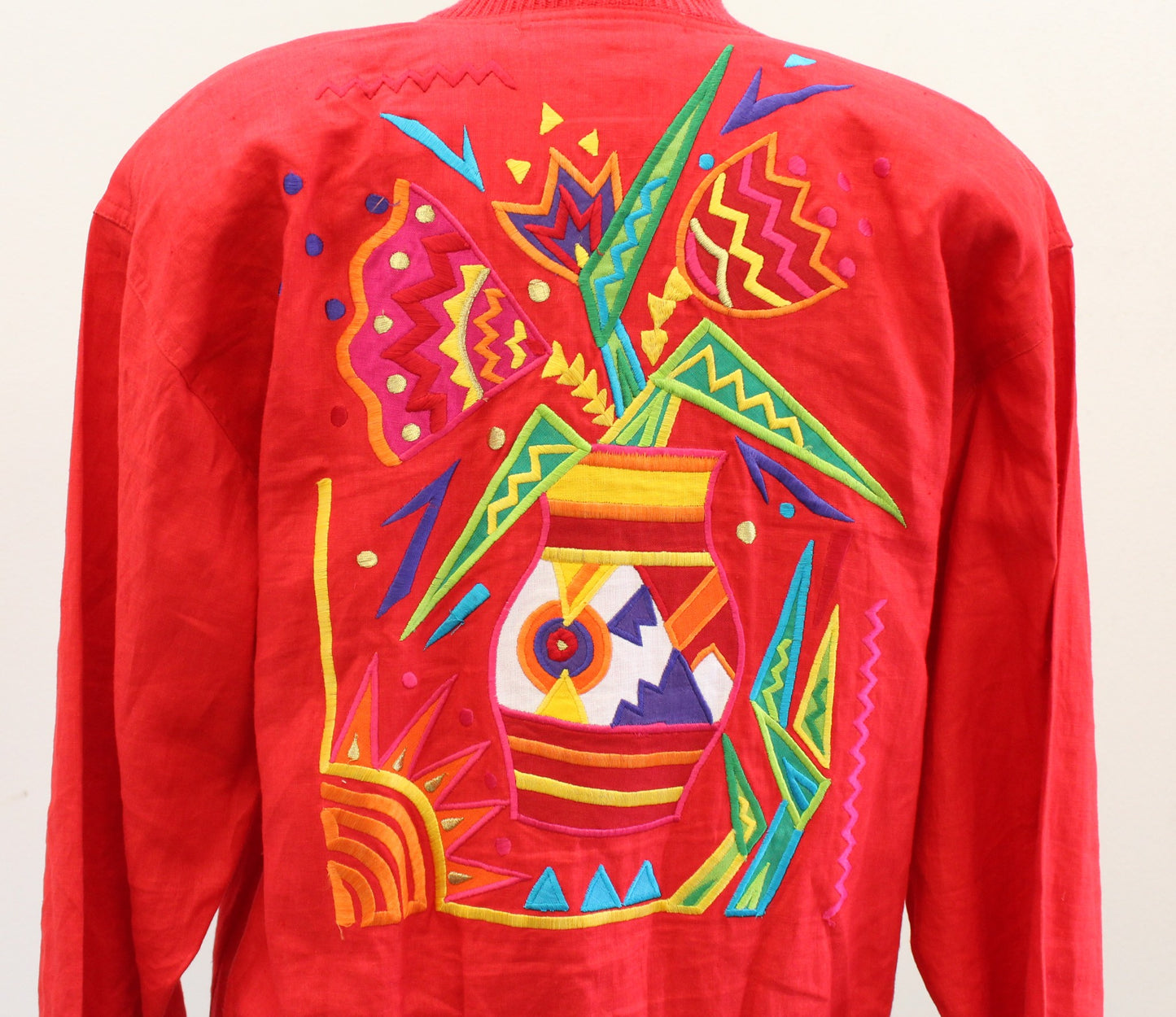 Vtg 90s Red Linen Embroidered Geometric Floral Linen Jacket Size 6 Bomber Retro