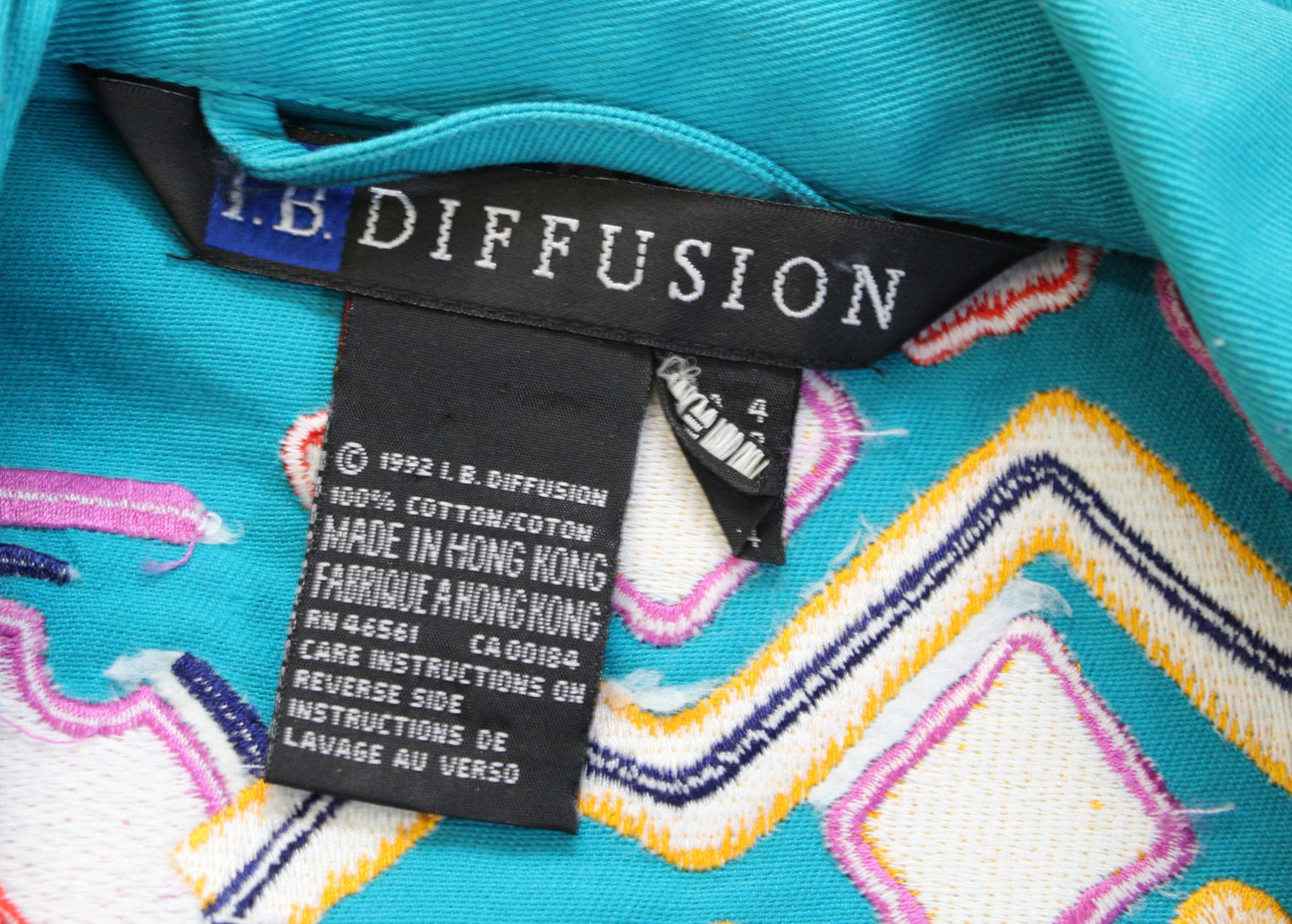 Vtg 90s Teal Blue Geometric Embroidered Trucker Jacket Size 4 / S Retro Artsy