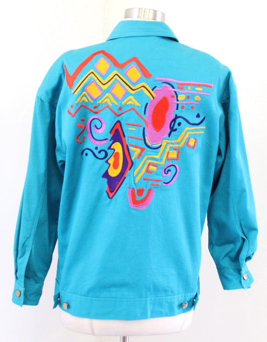 Vtg 90s Teal Blue Geometric Embroidered Trucker Jacket Size 4 / S Retro Artsy