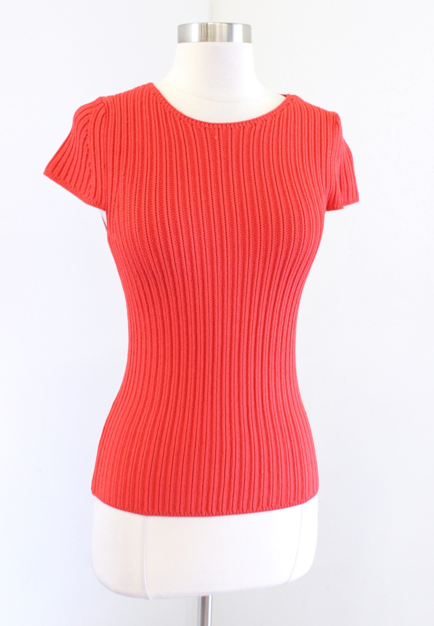 Maje Maestra Red/Orange Ribbed Knit Cap Short Sleeve Fitted Top Blouse Size 2