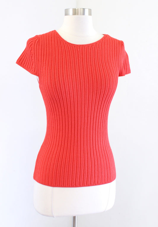 Maje Maestra Red/Orange Ribbed Knit Cap Short Sleeve Fitted Top Blouse Size 2