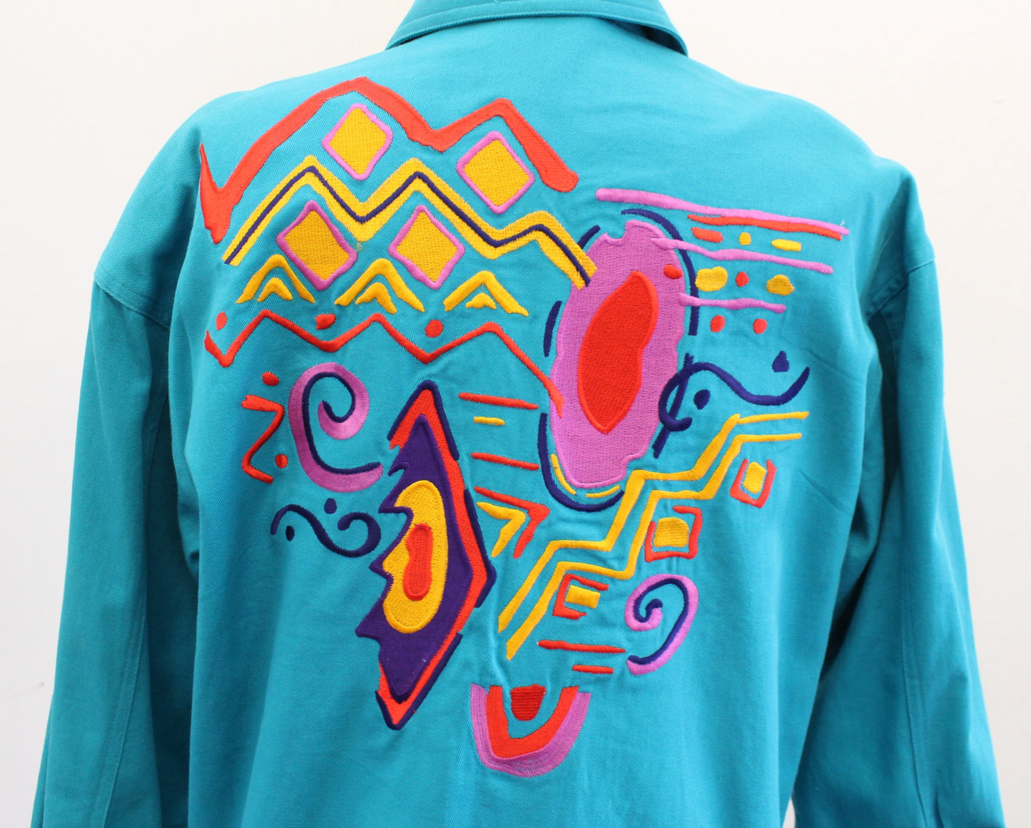 Vtg 90s Teal Blue Geometric Embroidered Trucker Jacket Size 4 / S Retro Artsy