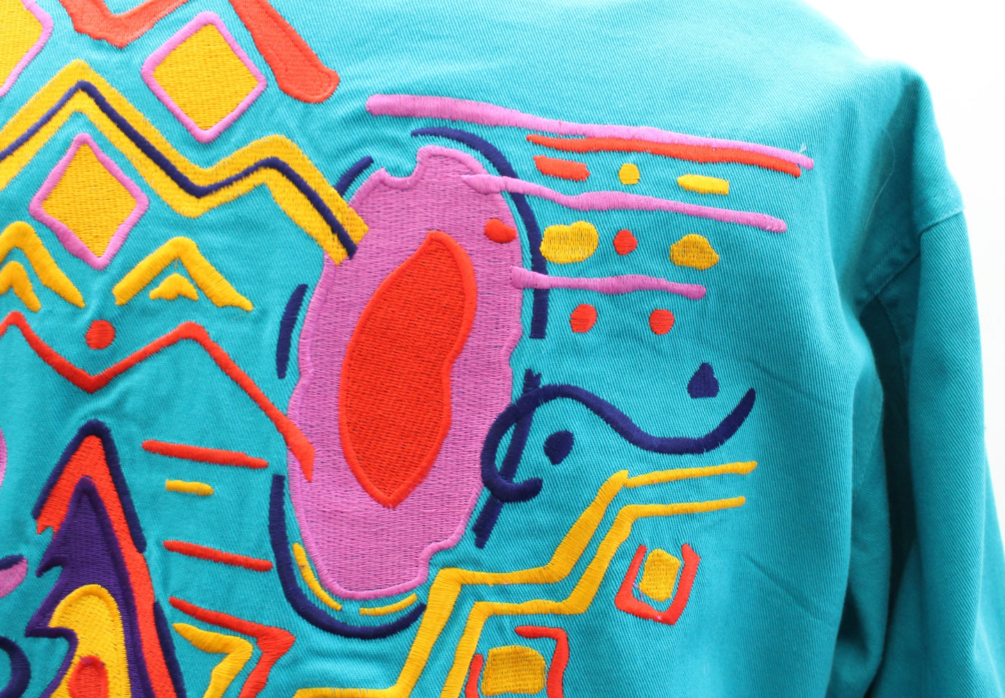 Vtg 90s Teal Blue Geometric Embroidered Trucker Jacket Size 4 / S Retro Artsy