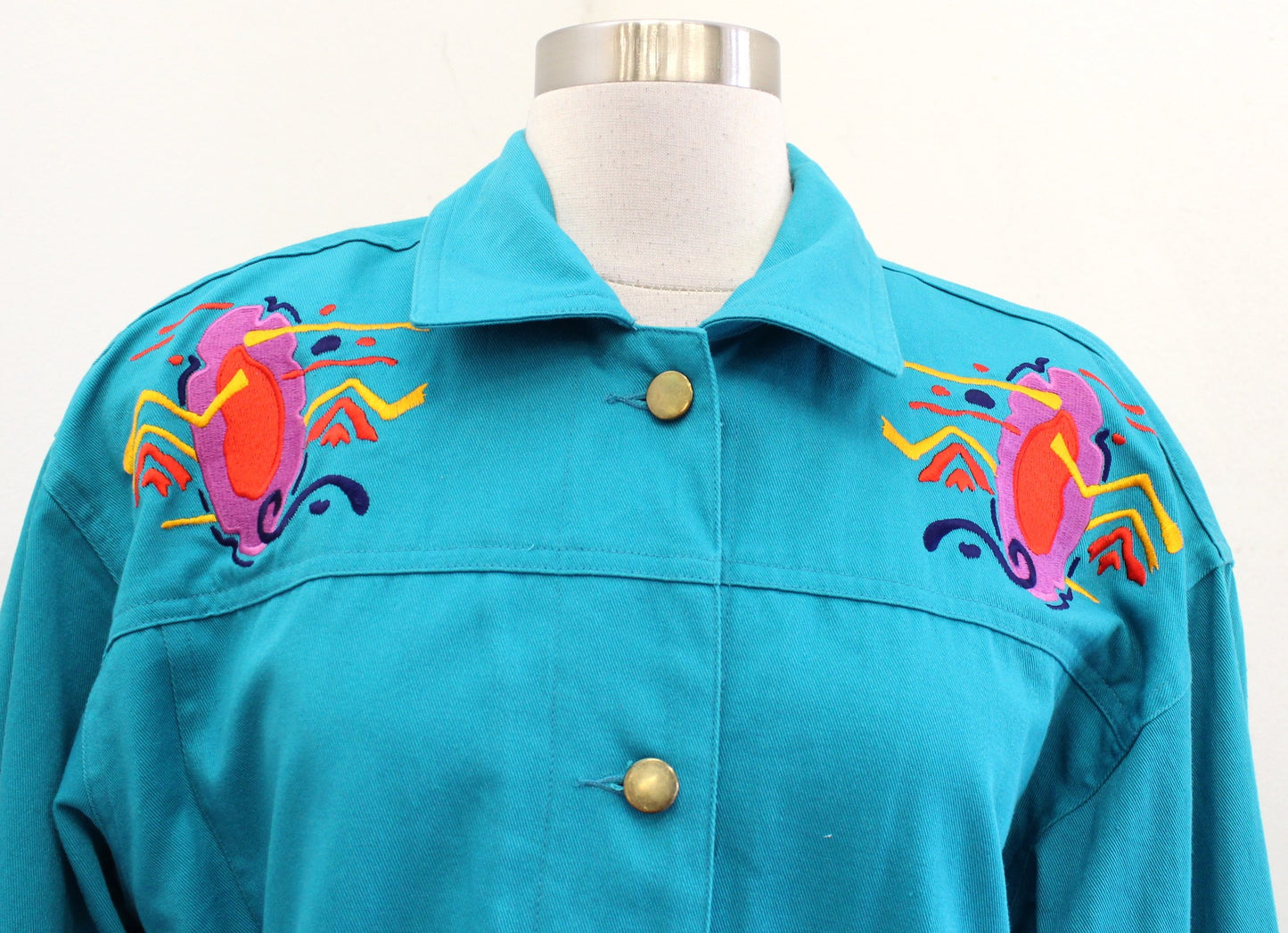 Vtg 90s Teal Blue Geometric Embroidered Trucker Jacket Size 4 / S Retro Artsy