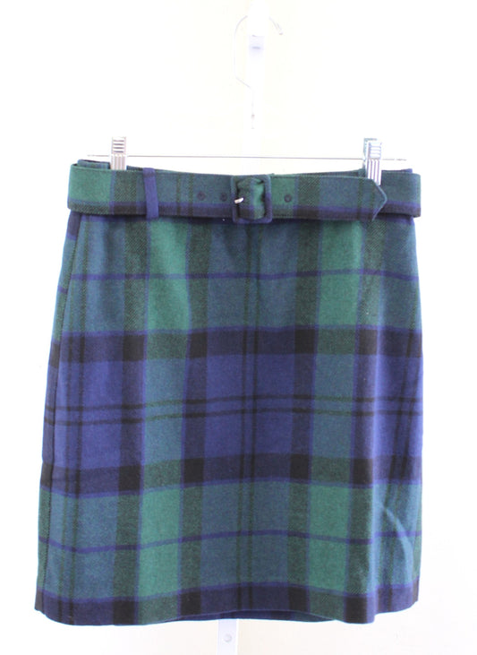 Talbots Green Navy Blue Belted A Line Blackwatch Plaid Tartan Skirt Size 2 Wool