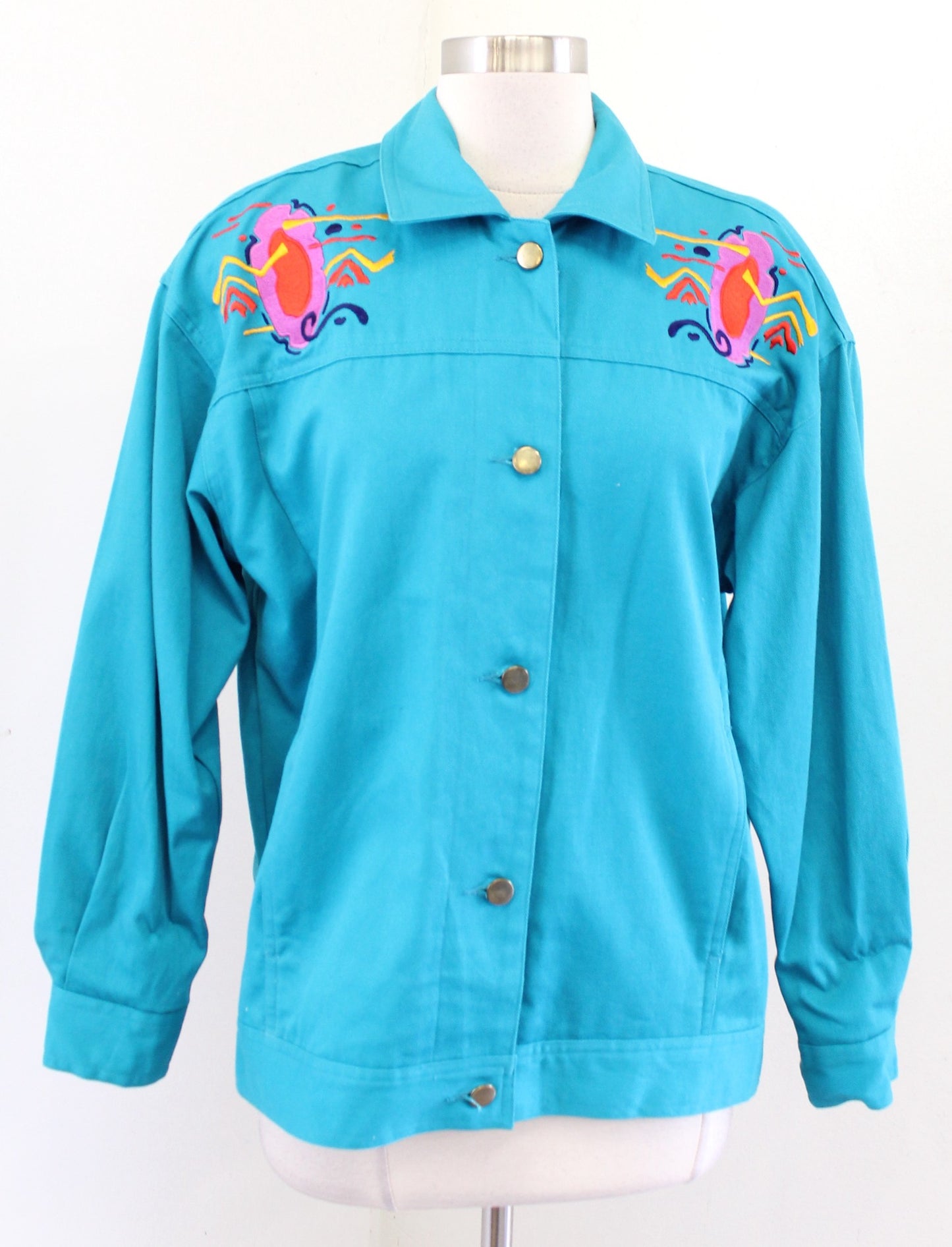 Vtg 90s Teal Blue Geometric Embroidered Trucker Jacket Size 4 / S Retro Artsy