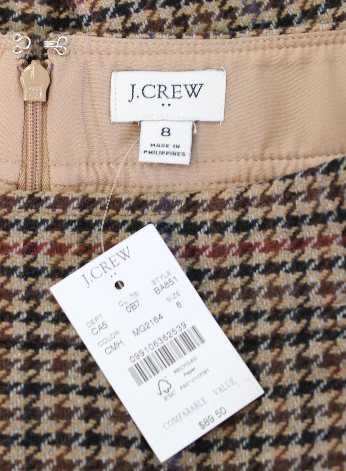 NWT J Crew Factory Houndstooth Plaid Wool Blend Mini Skirt Size 8 Pencil Tan