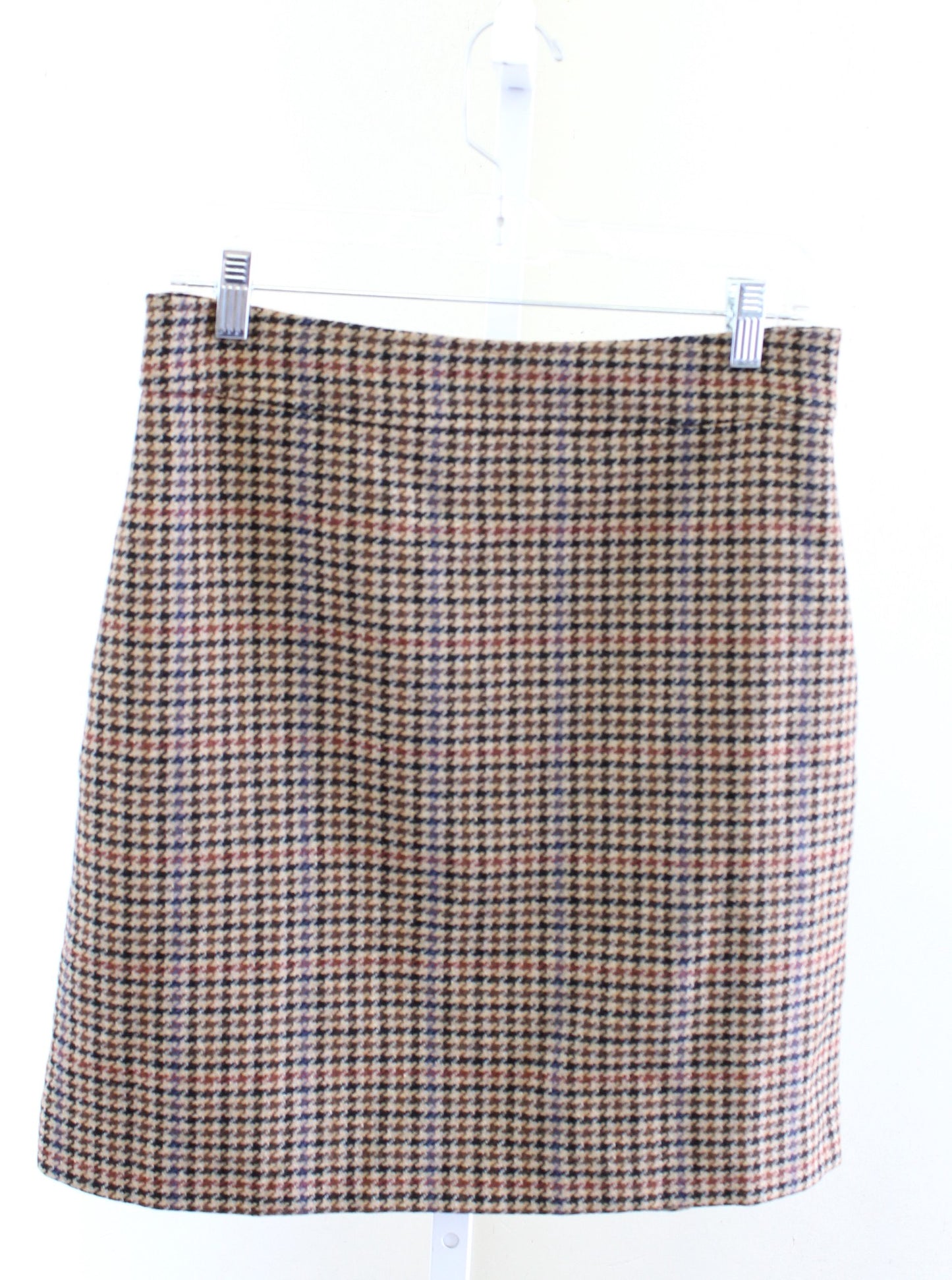 NWT J Crew Factory Houndstooth Plaid Wool Blend Mini Skirt Size 8 Pencil Tan