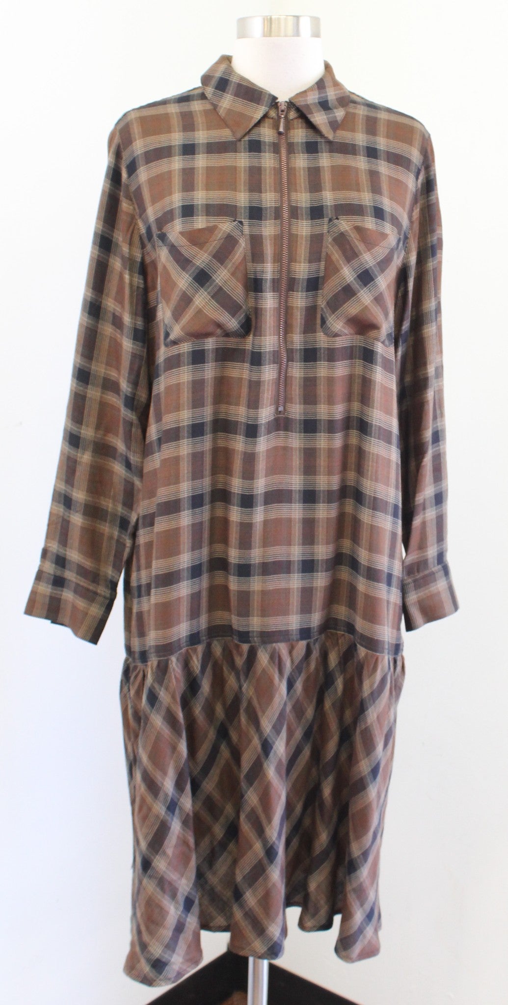 Soft Surroundings Brown Plaid Drop Waist Zipper Neckline Shift Dress Size PL LP