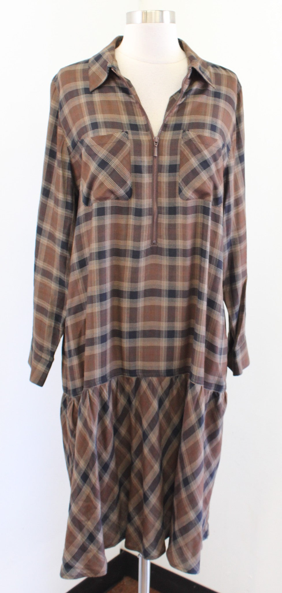 Soft Surroundings Brown Plaid Drop Waist Zipper Neckline Shift Dress Size PL LP