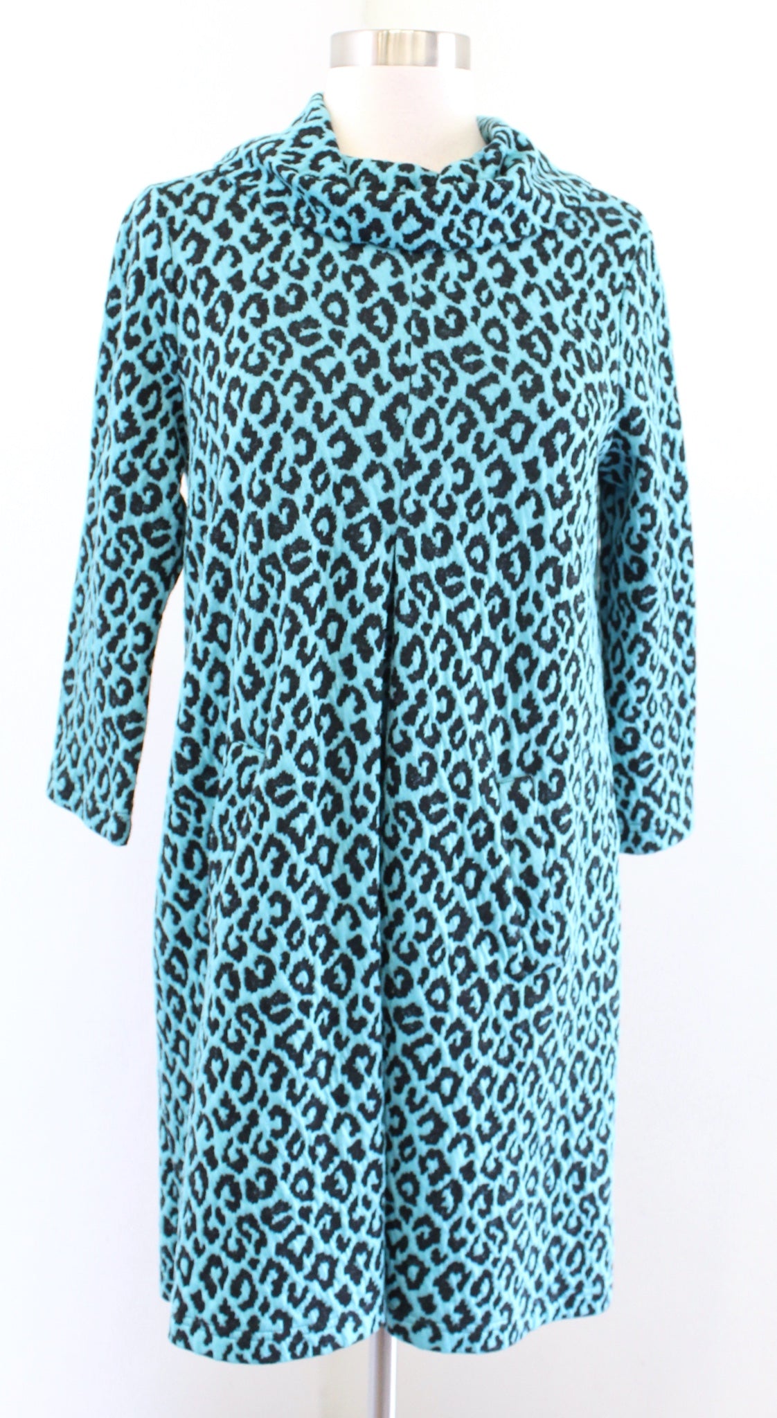 Tyler Boe Womens Teal Black Leopard Print Knit Cowl Neck Shift Dress Size S Mini