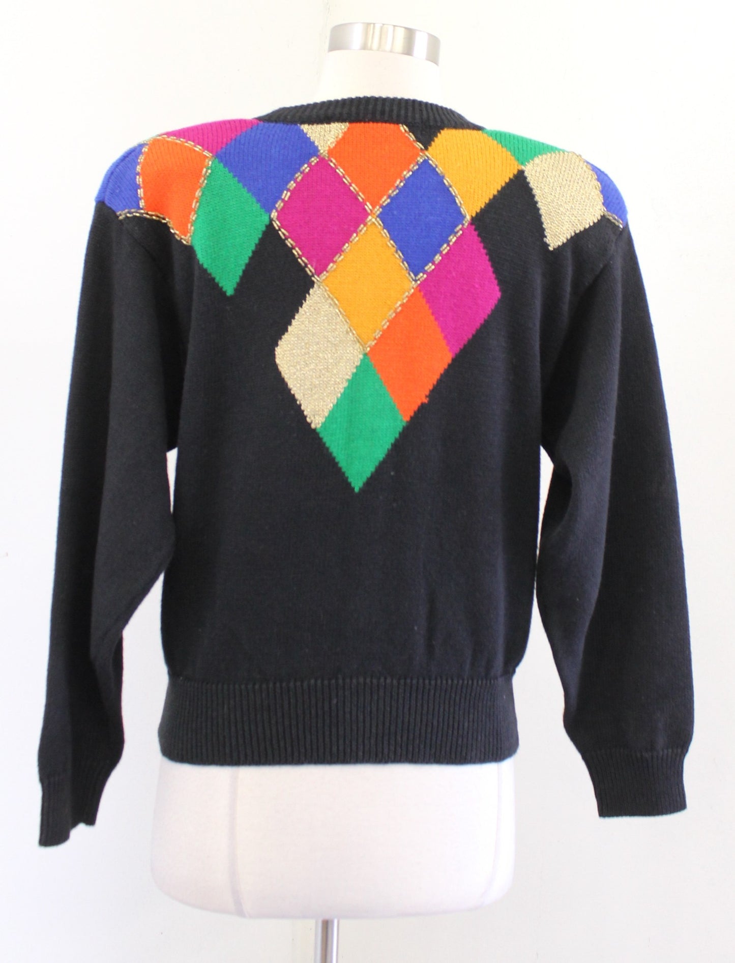 Vtg 90s Black Colorful Diamond Print Sequin V Neck Crop Cardigan Sweater Size XS