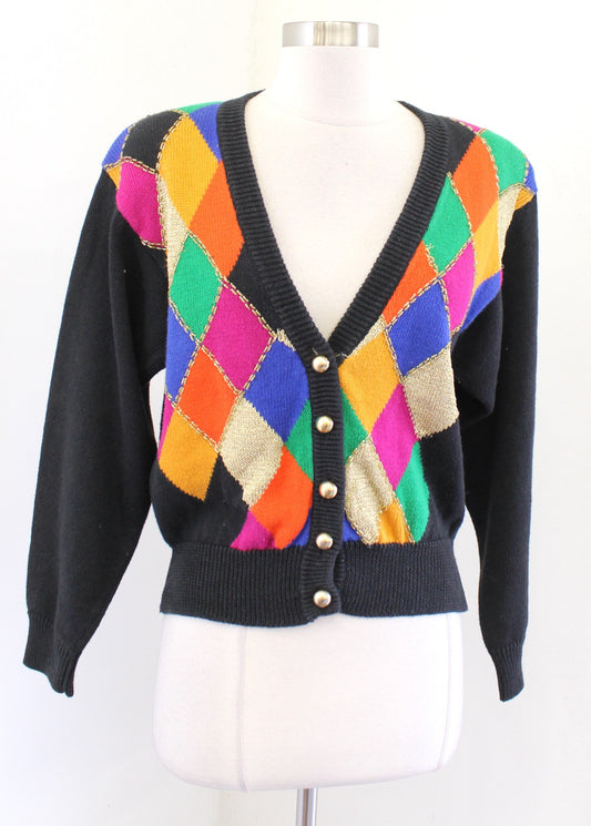 Vtg 90s Black Colorful Diamond Print Sequin V Neck Crop Cardigan Sweater Size XS