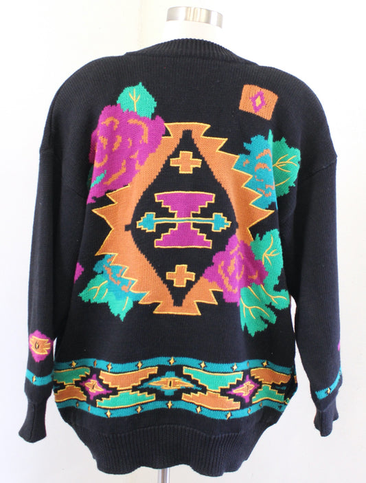 Vtg 90s Black Southwestern Geometric Floral Print Cardigan Sweater Size S Retro