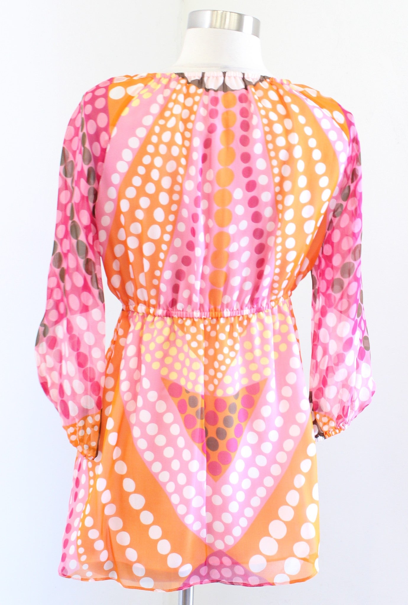 Y2k 2000s Milly of New York Polka Dot V Neck Tunic Top Blouse Size 6 Orange Pink