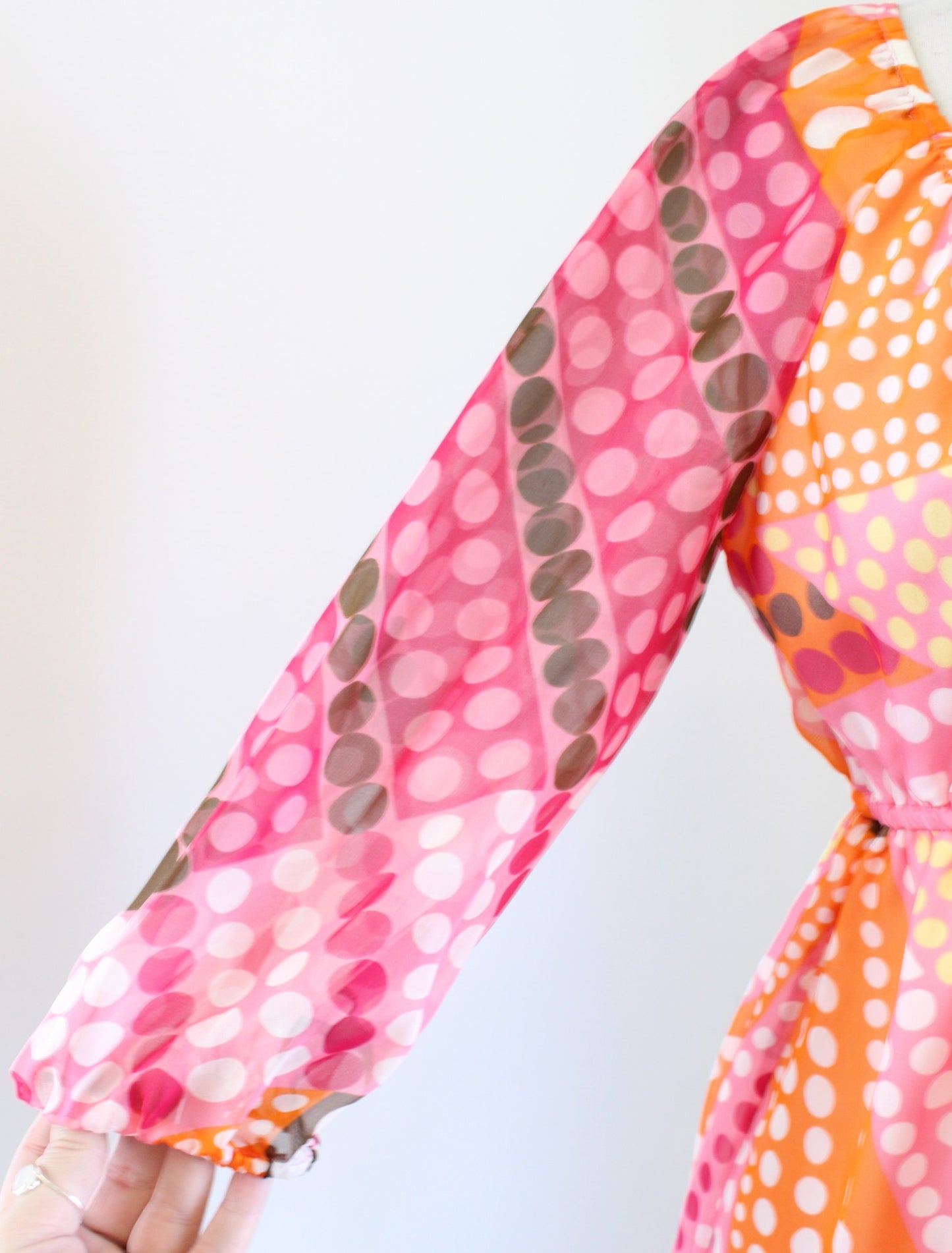 Y2k 2000s Milly of New York Polka Dot V Neck Tunic Top Blouse Size 6 Orange Pink