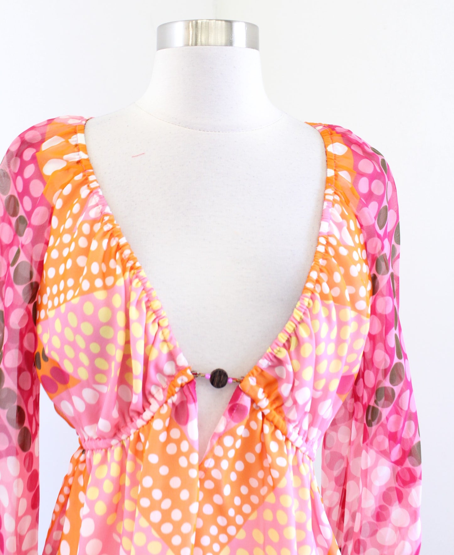 Y2k 2000s Milly of New York Polka Dot V Neck Tunic Top Blouse Size 6 Orange Pink