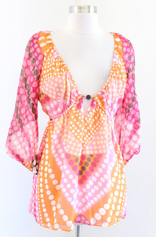 Y2k 2000s Milly of New York Polka Dot V Neck Tunic Top Blouse Size 6 Orange Pink