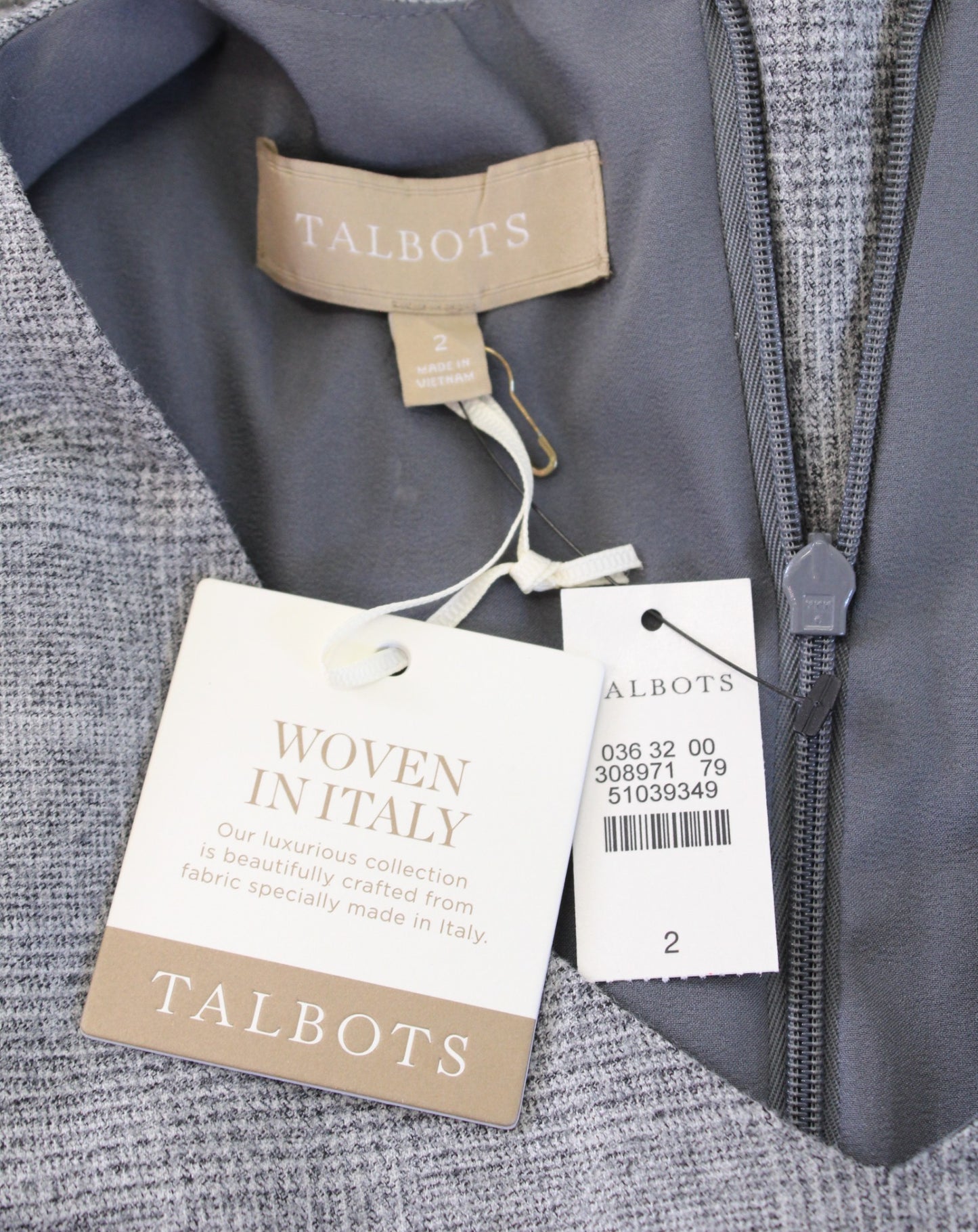 NWT Talbots Gray Italian Wool Blend Glen Plaid Flounce Waist Sheath Dress Size 2