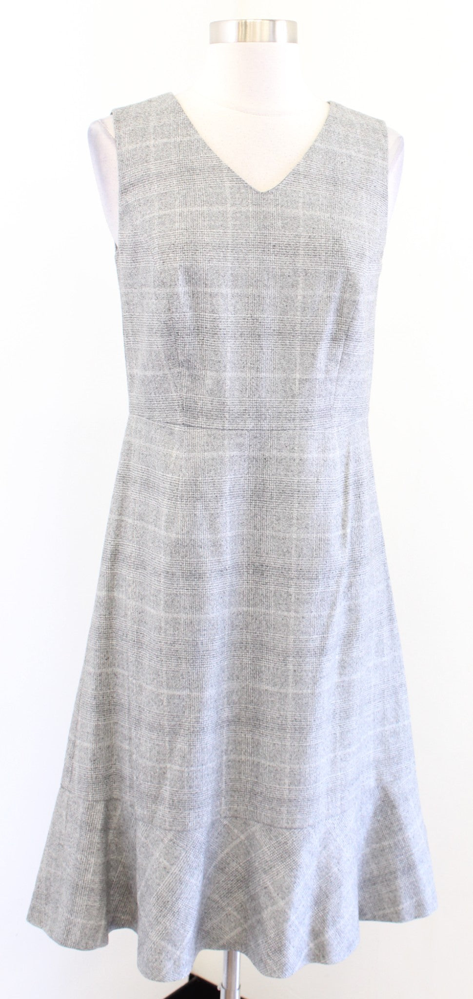 NWT Talbots Gray Italian Wool Blend Glen Plaid Flounce Waist Sheath Dress Size 2