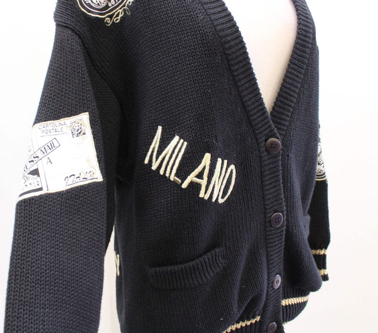 Vtg 90s Black Paris London Eiffel Tower Travel Stamp Cardigan Sweater Size M