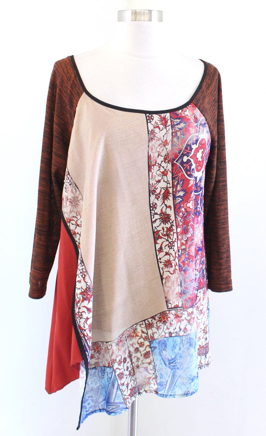 Citron Santa Monica Poeme Patchwork Burnout Asymmetrical Hem Top Blouse Size L