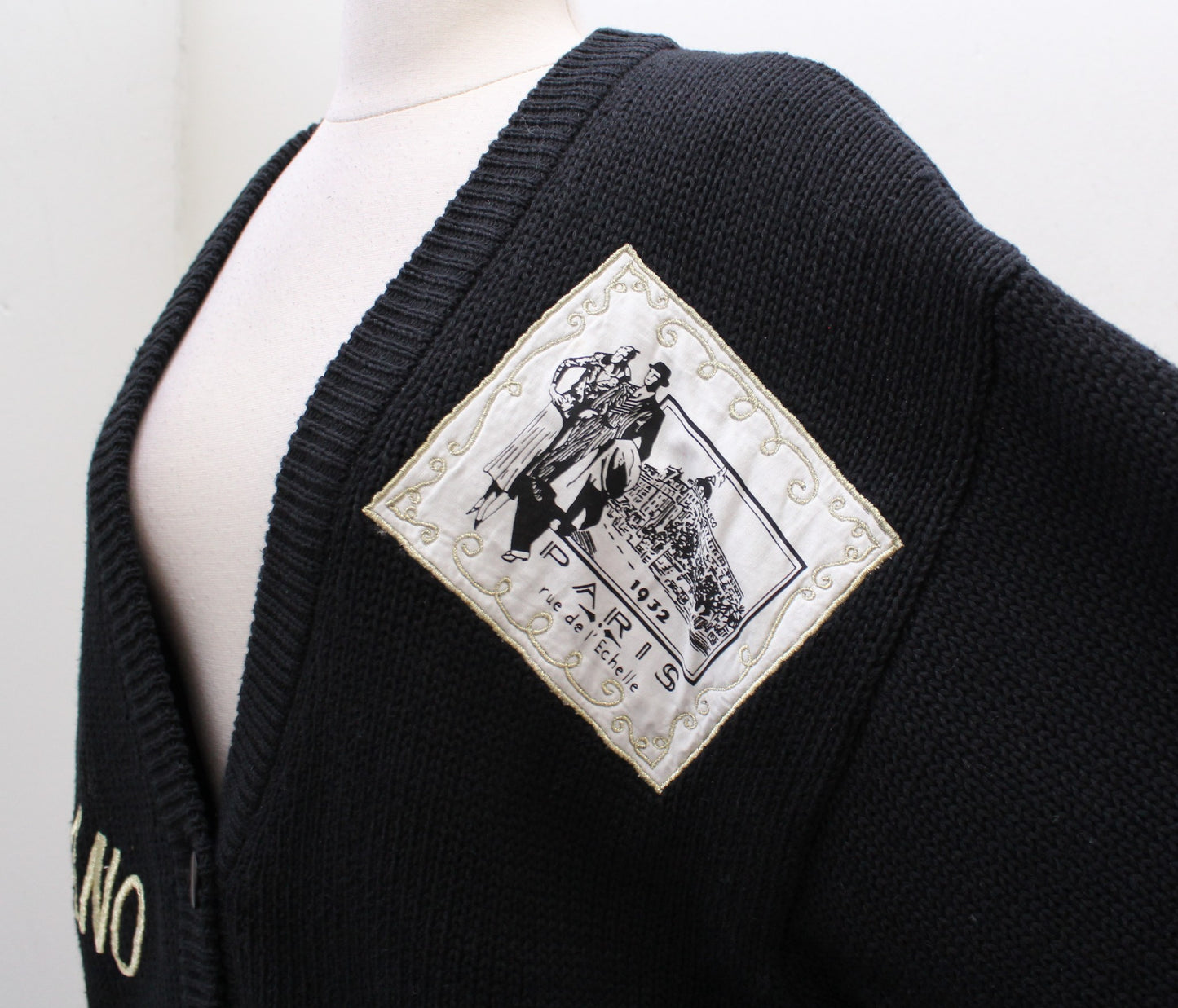 Vtg 90s Black Paris London Eiffel Tower Travel Stamp Cardigan Sweater Size M