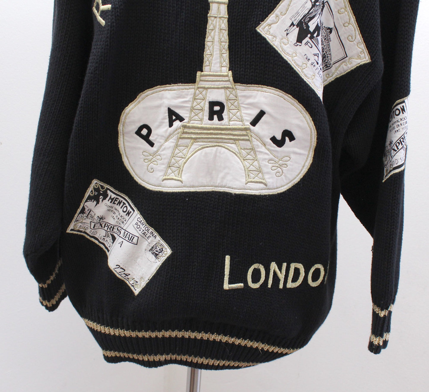 Vtg 90s Black Paris London Eiffel Tower Travel Stamp Cardigan Sweater Size M